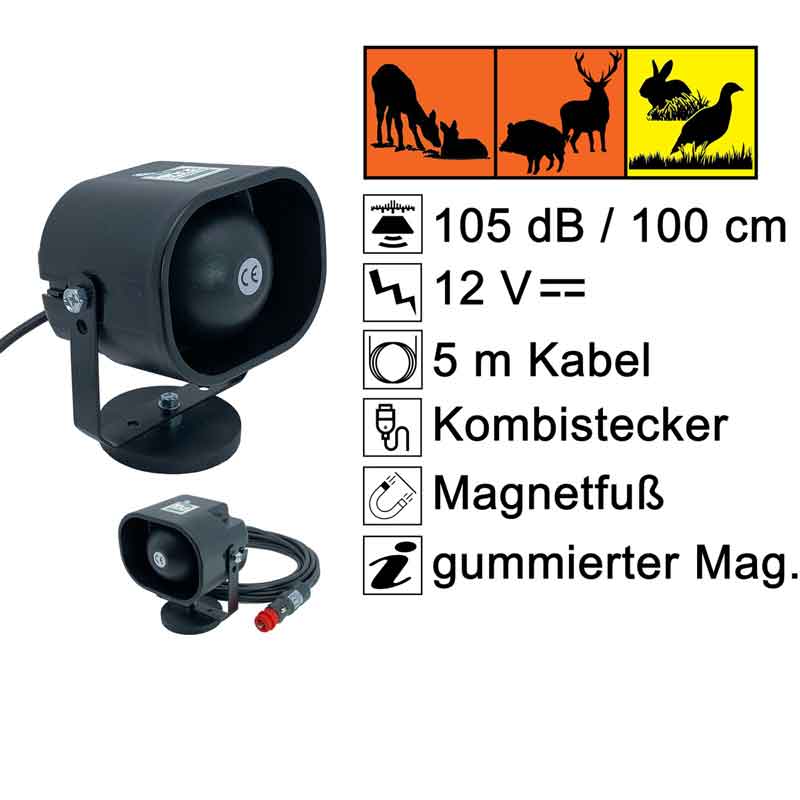 LARS Wild-Sirene RS100, Gerätebild mit Produkteigenschaften