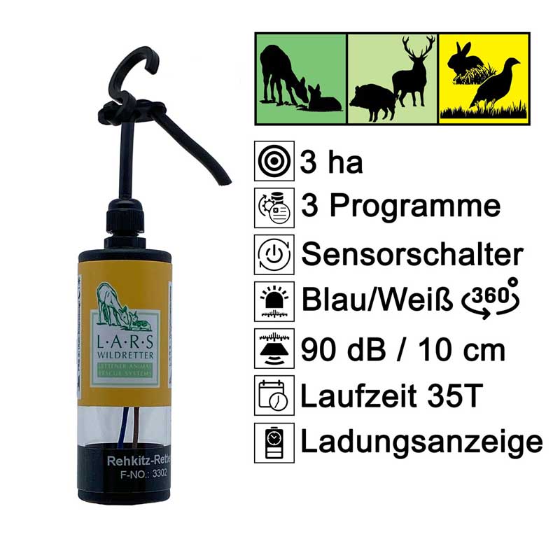 LARS Rehkitz-Retter XS10-LR6, Gerätebild mit Produkteigenschaften