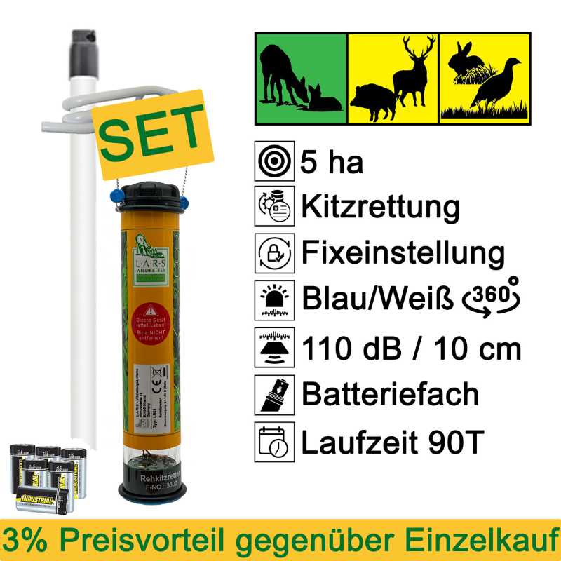 LARS Rehkitzretter LS01 SET, Geräteset bestehend aus Rehkitzretter LS01, Aufstellpfahl und Ersatzbatterien