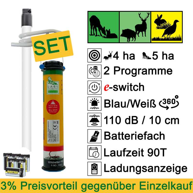 LARS Wildretter LS10 SET, Geräteset bestehend aus Wildretter LS10, Aufstellpfahl und Ersatzbatterien